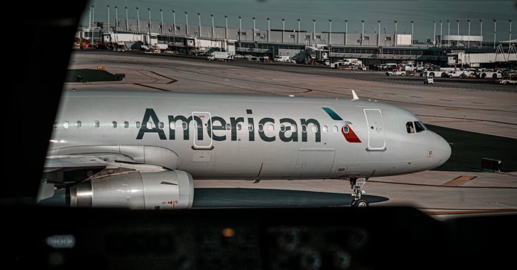 Commercial airplane from American Airlines positioned on airport tarmac, ready for departure or arrival.