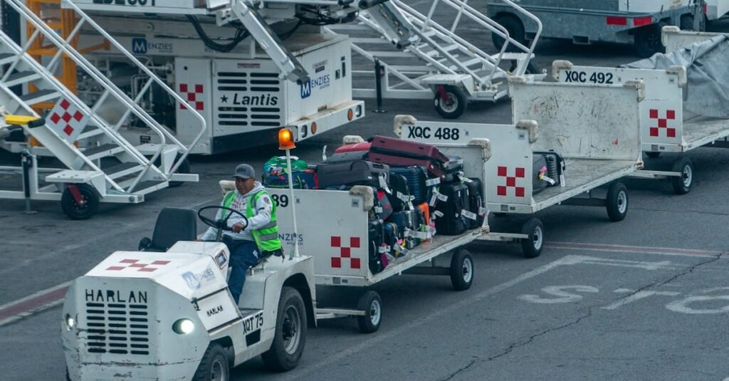 A bustling airport scene with ground crew and baggage carts near an airplane on the tarmac.