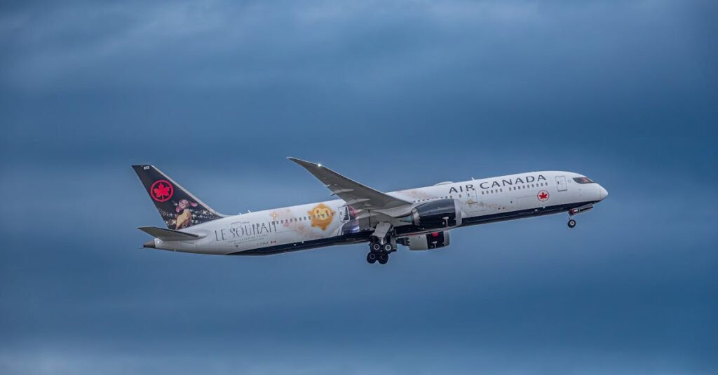 Air Canada Boeing 787 Dreamliner flying against a cloudy sky.