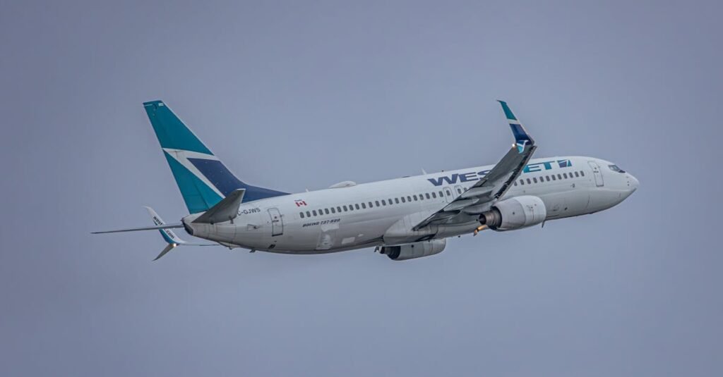 A WestJet airplane captured mid-flight against a cloudy sky, showcasing modern aviation.