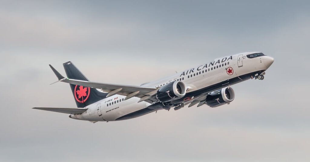 Air Canada Boeing 737 Max takes to the sky, showcasing flight and travel.