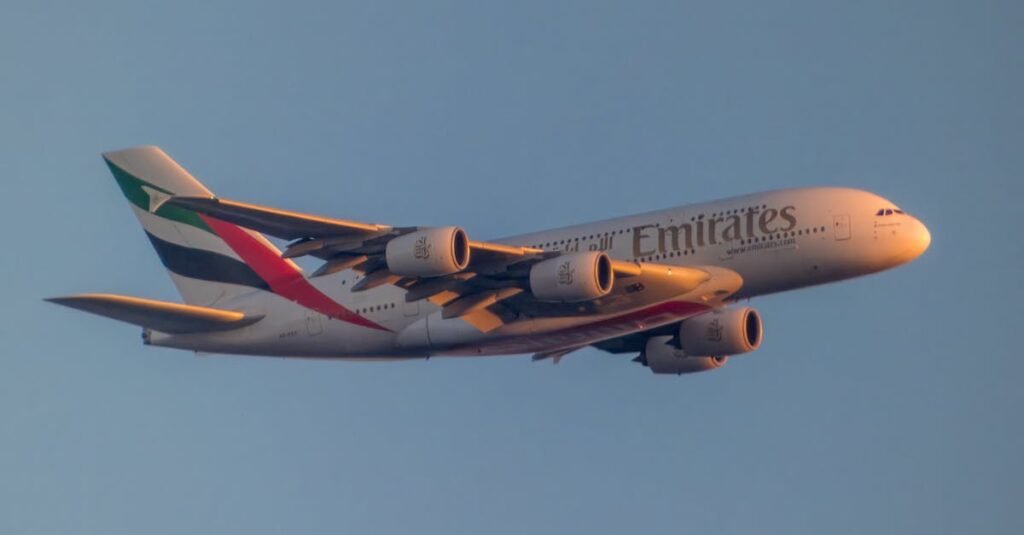 Emirates Airbus A380 flying high during sunset, capturing elegance and aviation engineering.
