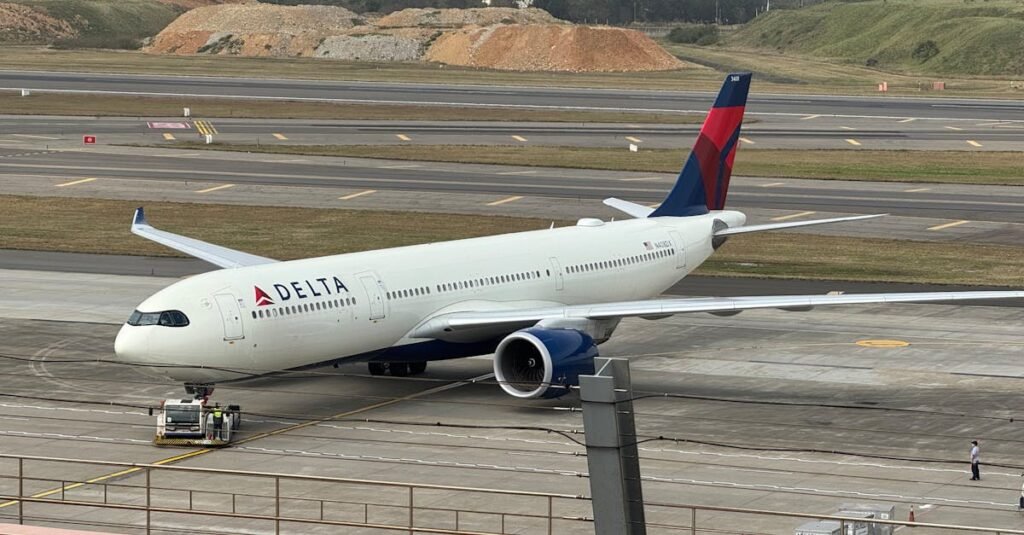 Delta Air Lines Airbus A350 preparing for takeoff at Taiwan Taoyuan International Airport.