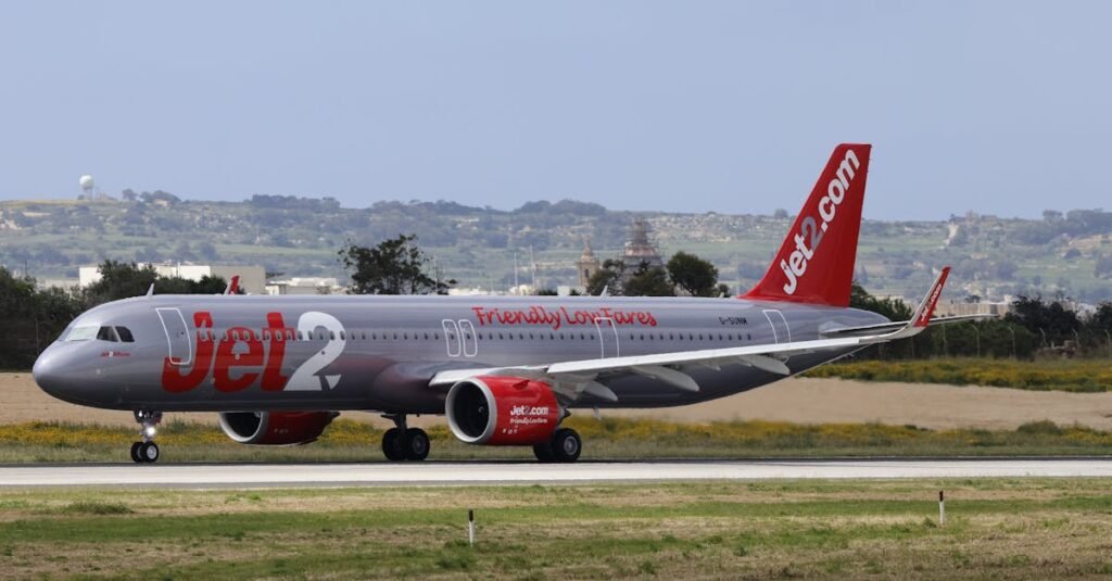 Jet2 airplane preparing for takeoff on runway with scenic countryside in background.