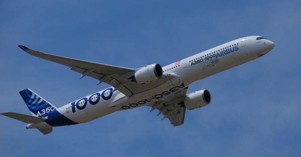 Dynamic view of Airbus A350-1000 XWB flying against a clear blue sky, showcasing its modern design.
