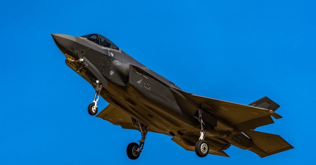 Close-up of an F-35 fighter jet capturing the essence of aviation prowess against a clear blue sky.
