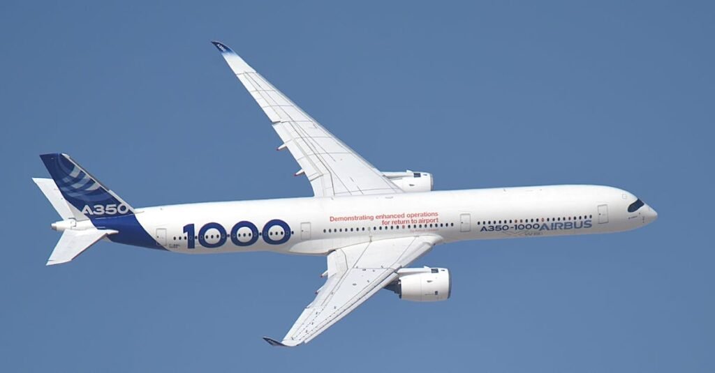 Air Canda Airbus A350-1000 plane soaring in a clear sky, showcasing modern aerospace technology.