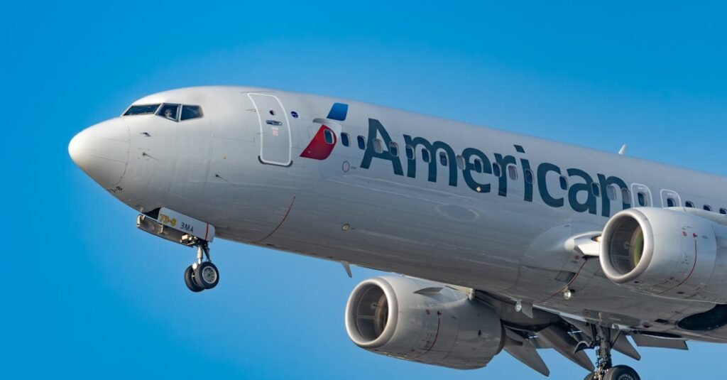 Close-up of an American Airlines Boeing 737 during landing at Los Angeles International Airport.