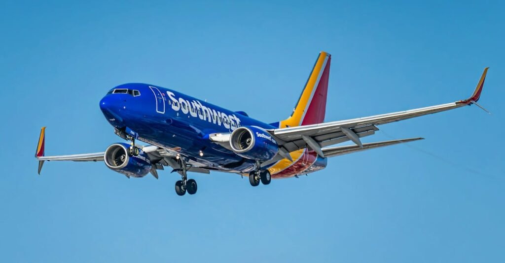 A Southwest Airlines Boeing 737 aircraft flying over Los Angeles, clear blue sky.