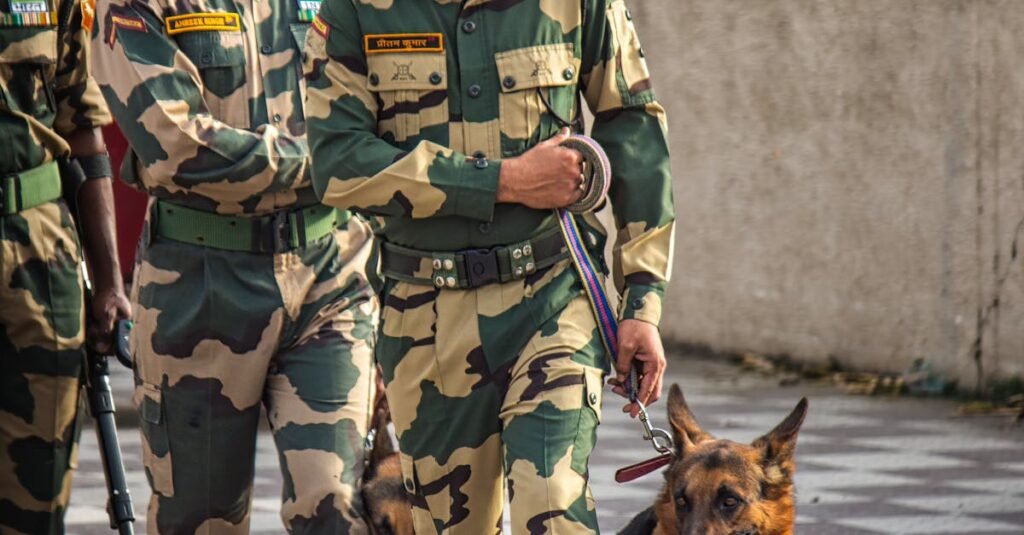 pexels-photo-35928395-35928395 Indian soldiers in uniform walking with a patrol dog during a border security parade in India.
