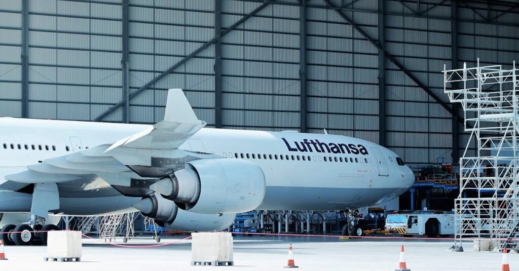 Lufthansa airplane under maintenance in hangar at Malta Airport.