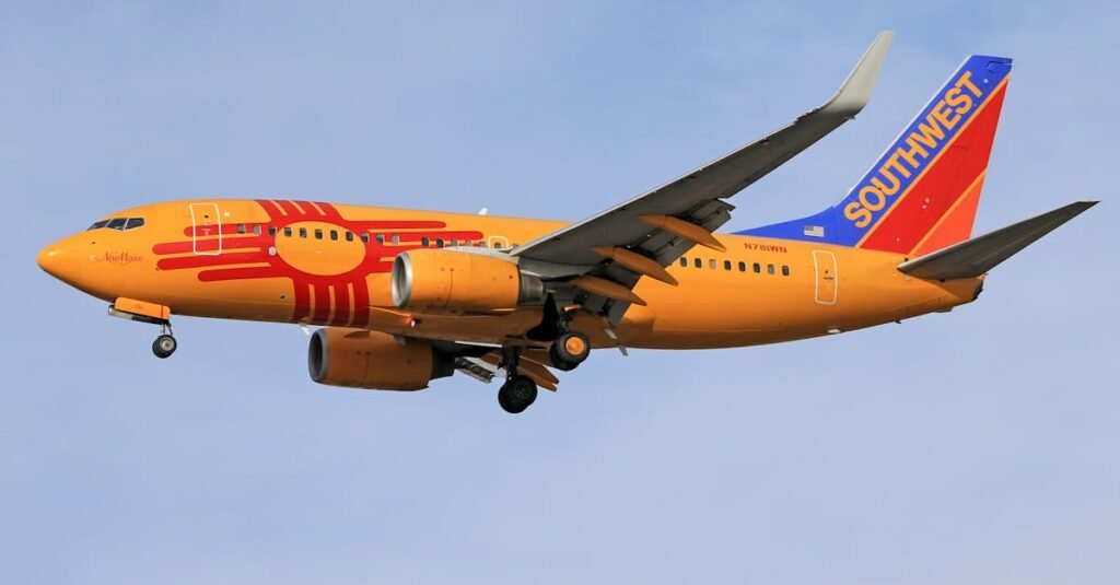 pexels-photo-9015526-9015526 A Southwest Airlines jet with special livery flying against a blue sky, showcasing aviation technology and travel vibrancy.