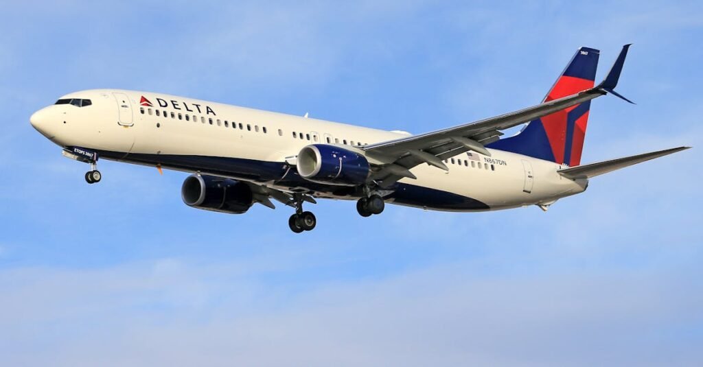pexels-photo-9015533-9015533 Delta airline passenger plane flying in clear blue sky. Ideal for travel and transportation themes.
