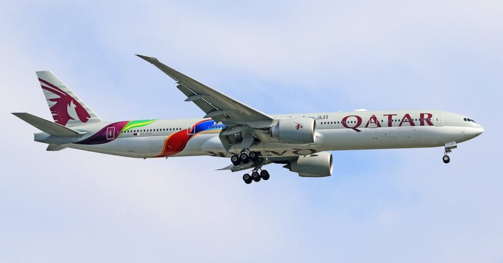 Qatar Airways Boeing 777 jet photographed mid-air in a clear sky, showcasing vibrant livery.