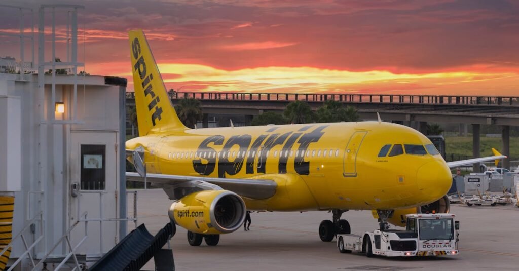 A Spirit Airlines plane at Manchester Airport during a stunning sunset sky, showcasing travel ambiance.