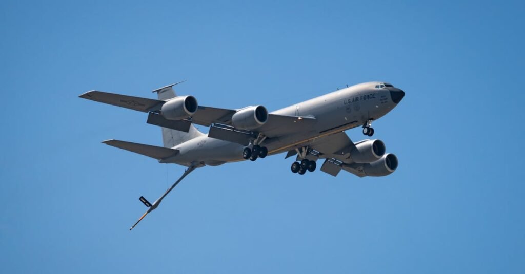 US Air Force KC-135 Stratotanker flying over March Air Reserve Base, CA.