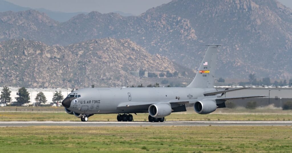 A US Air Force KC-135 Tanker Crash Stratotanker on the runway at March Air Reserve Base, California.