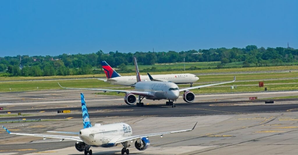Airplanes from various airlines taxiing on a JFK airport runway in New York.