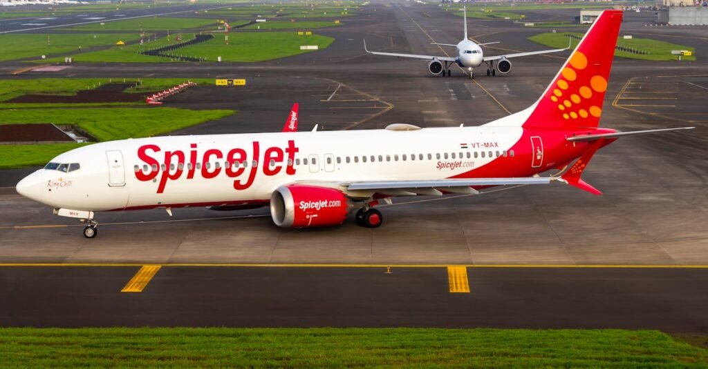 A SpiceJet airplane waits on a bustling runway ready for takeoff.