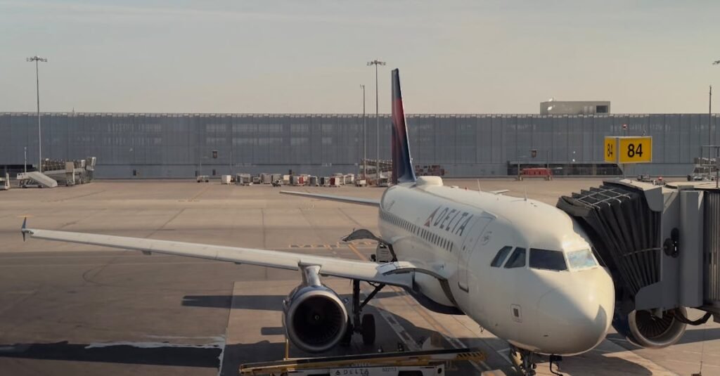 A Delta airplane docked at Montreal's airport gate 84 during daylight.